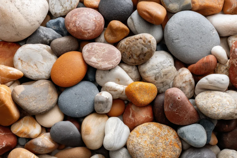Smooth multicolored pebbles arranged in a dense pile as a natural stone surface