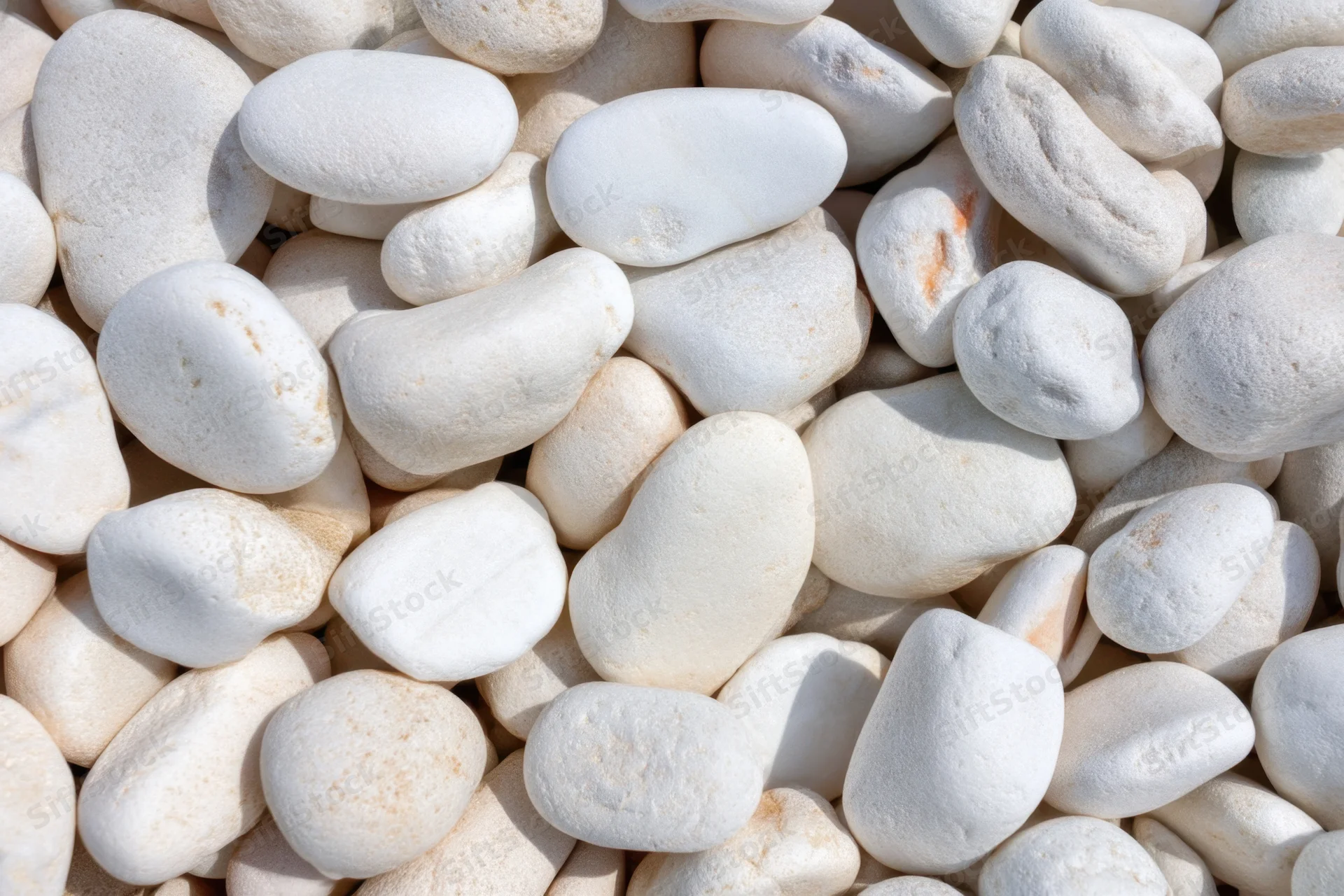 Smooth white pebbles scattered across a flat surface in a close-up view