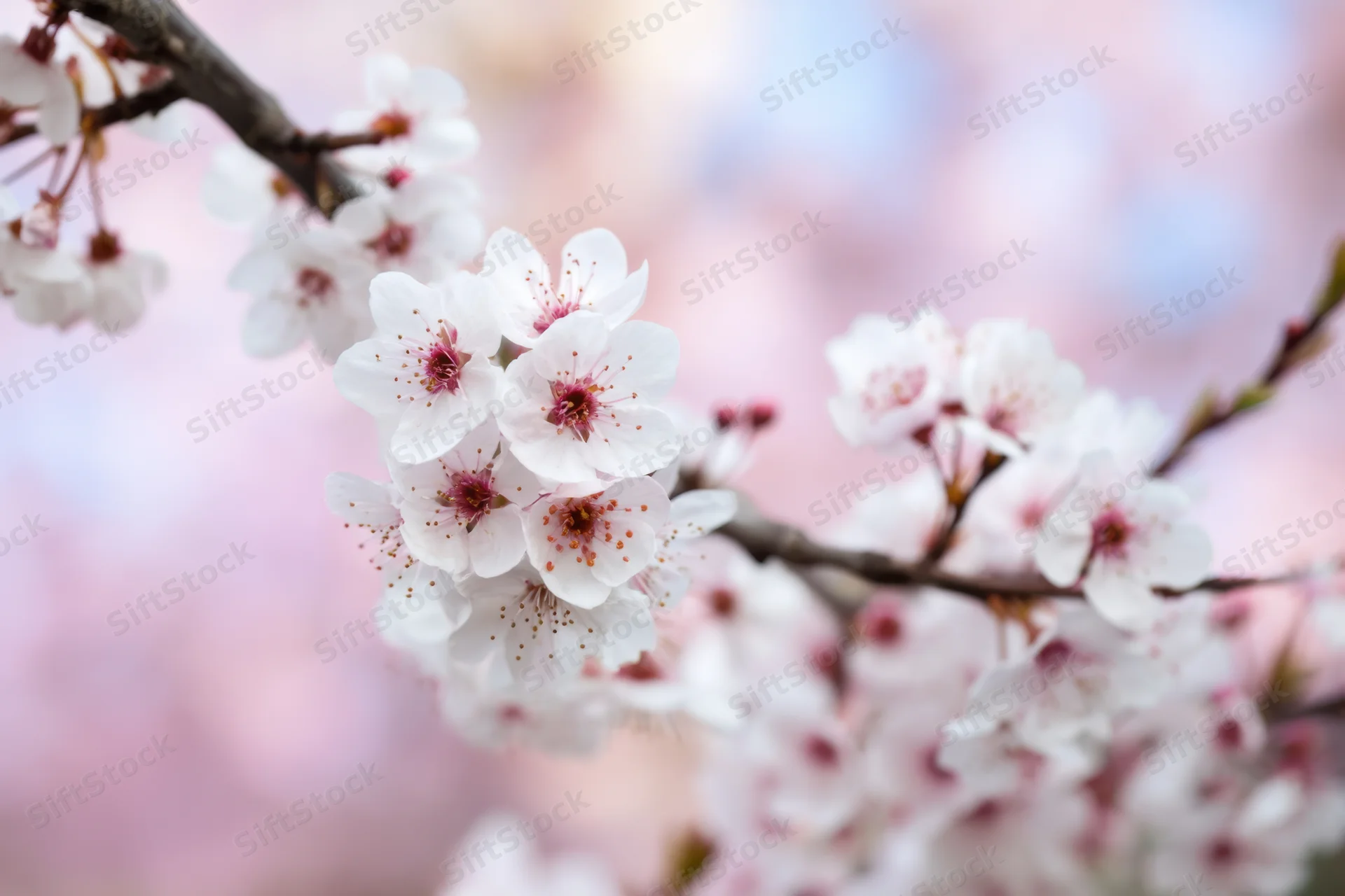 Cherry blossoms blooming on a branch with soft focus and pastel background