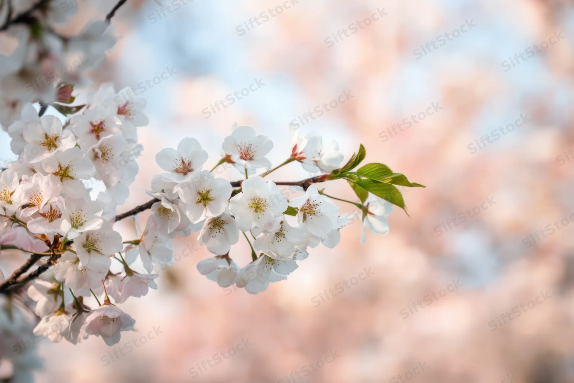 Cherry blossoms blooming on a branch with soft focus and blurred background