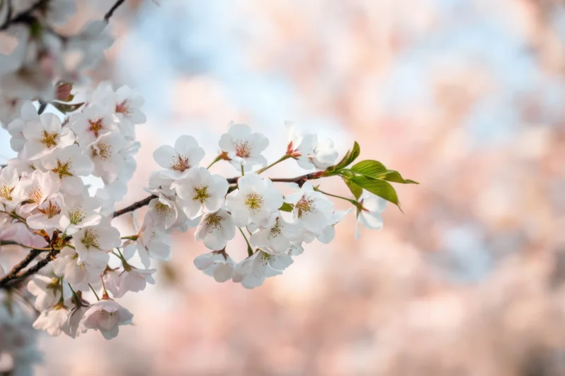 Cherry blossoms blooming on a branch with soft focus and blurred background
