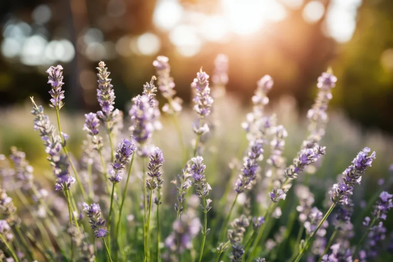 Lavender flowers blooming in a garden bathed in warm sunlight with soft focus and bokeh background
