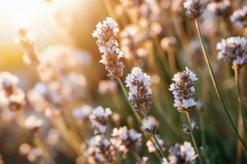 Lavender flowers blooming in a garden bathed in warm sunlight with soft focus and bokeh background
