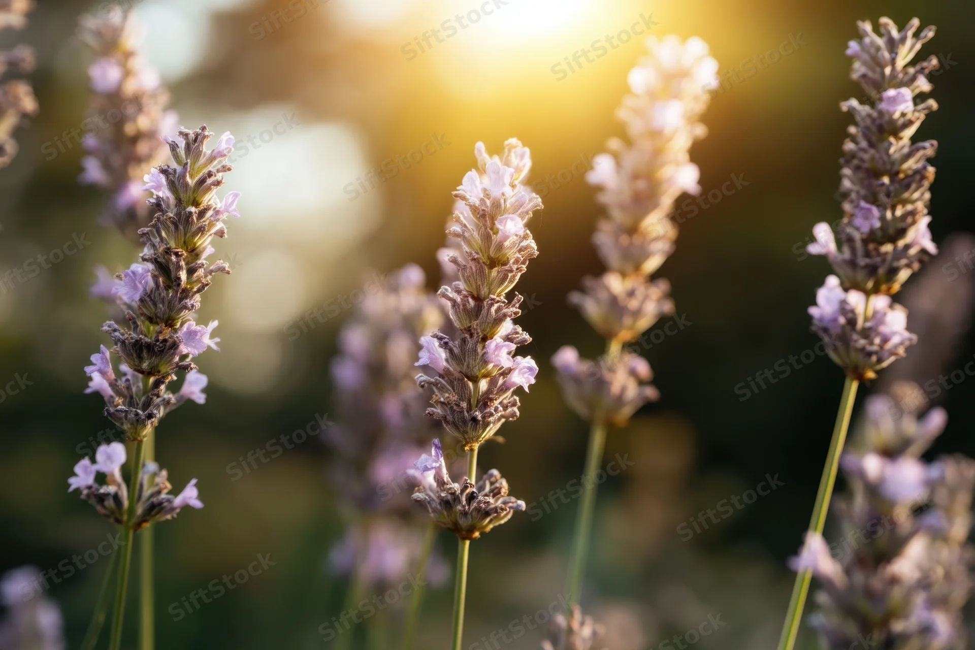 Lavender flowers in soft focus bathed in warm sunlight with blurred background and copyspace