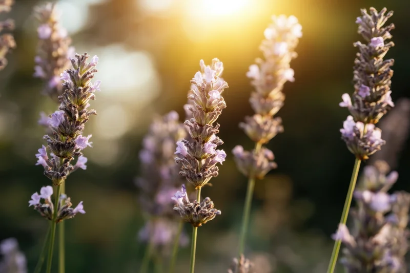 Lavender flowers in soft focus bathed in warm sunlight with blurred background and copyspace
