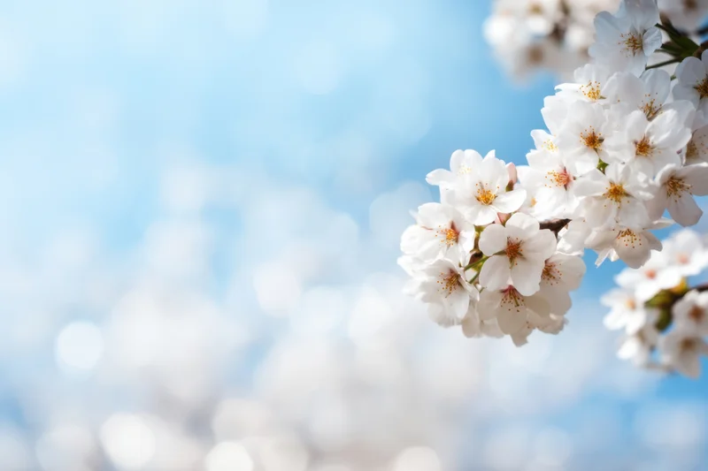 Cherry blossoms in full bloom on a branch against a soft blue sky with bokeh background