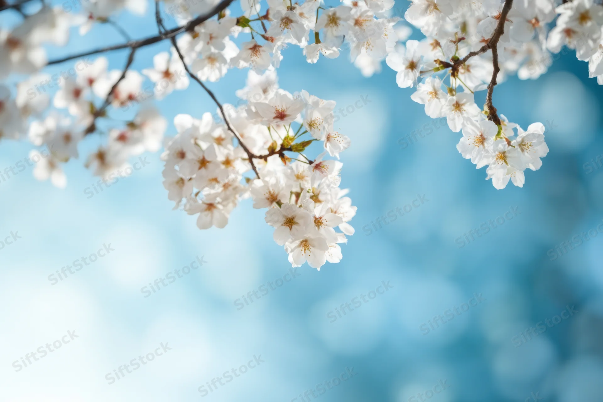 Cherry blossoms in full bloom against a soft blue sky with blurred background and copyspace