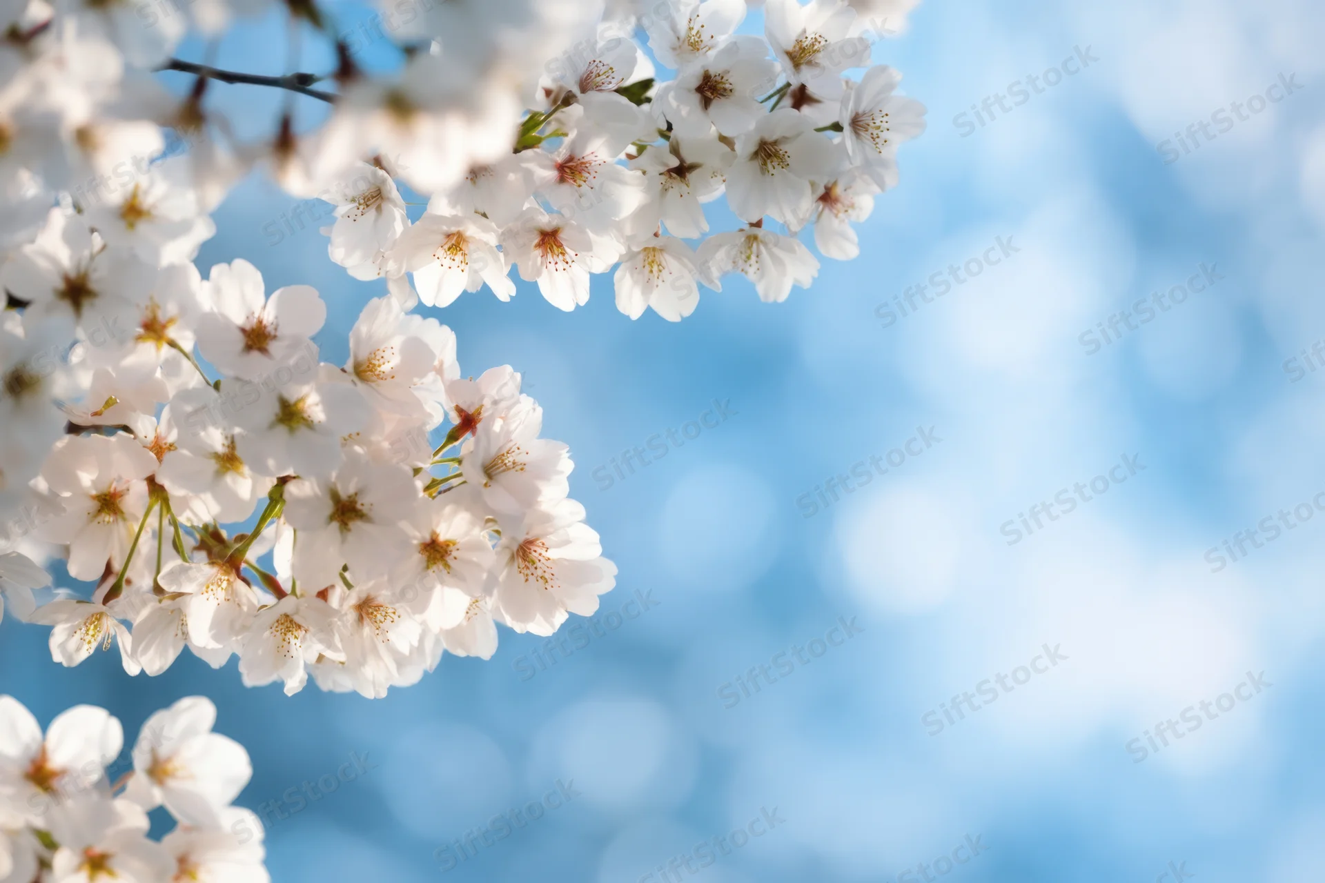 Cherry blossoms in full bloom against a clear blue sky with soft sunlight highlighting the delicate white petals