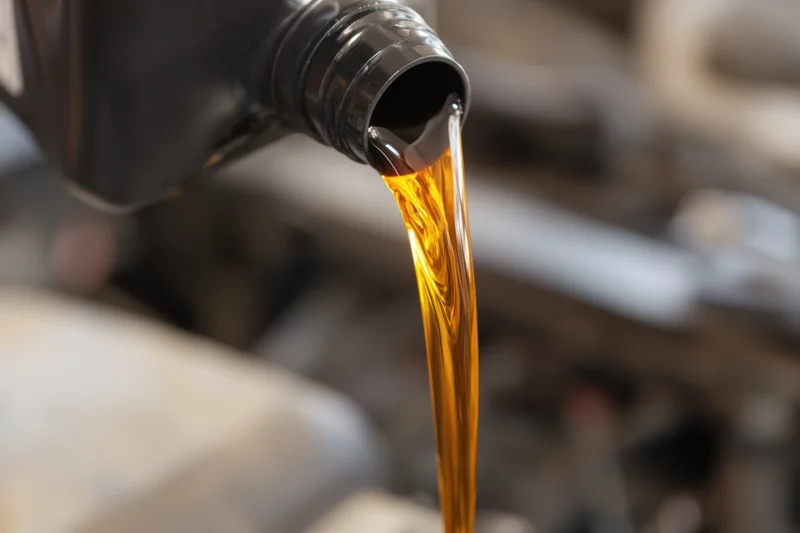 Engine oil pouring from a black bottle into a vehicle engine during maintenance