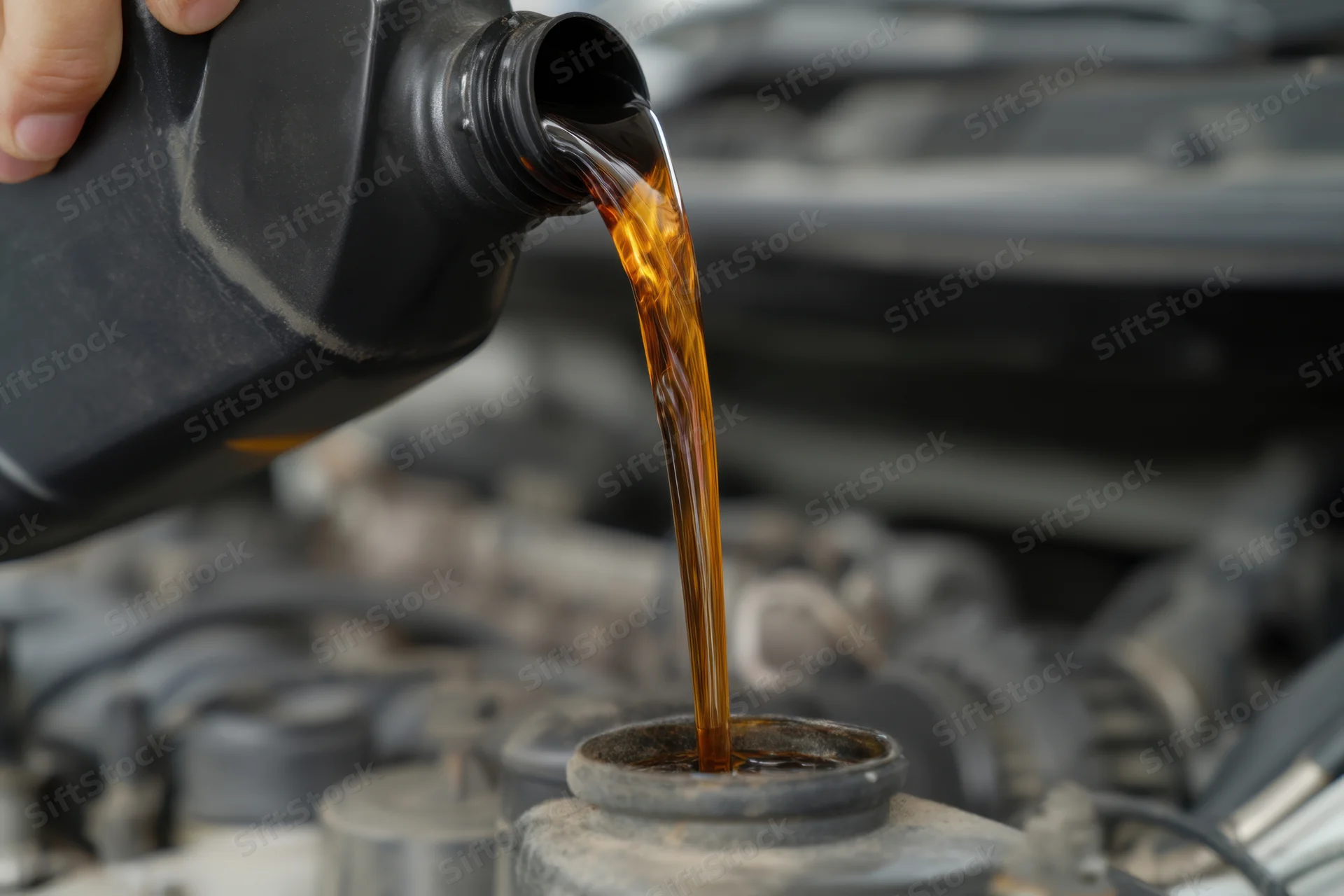 Amber engine oil being poured from a black container into an engine oil fill cap under the car hood