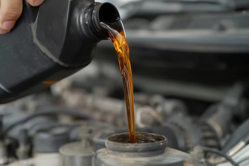 Amber engine oil being poured from a black container into an engine oil fill cap under the car hood