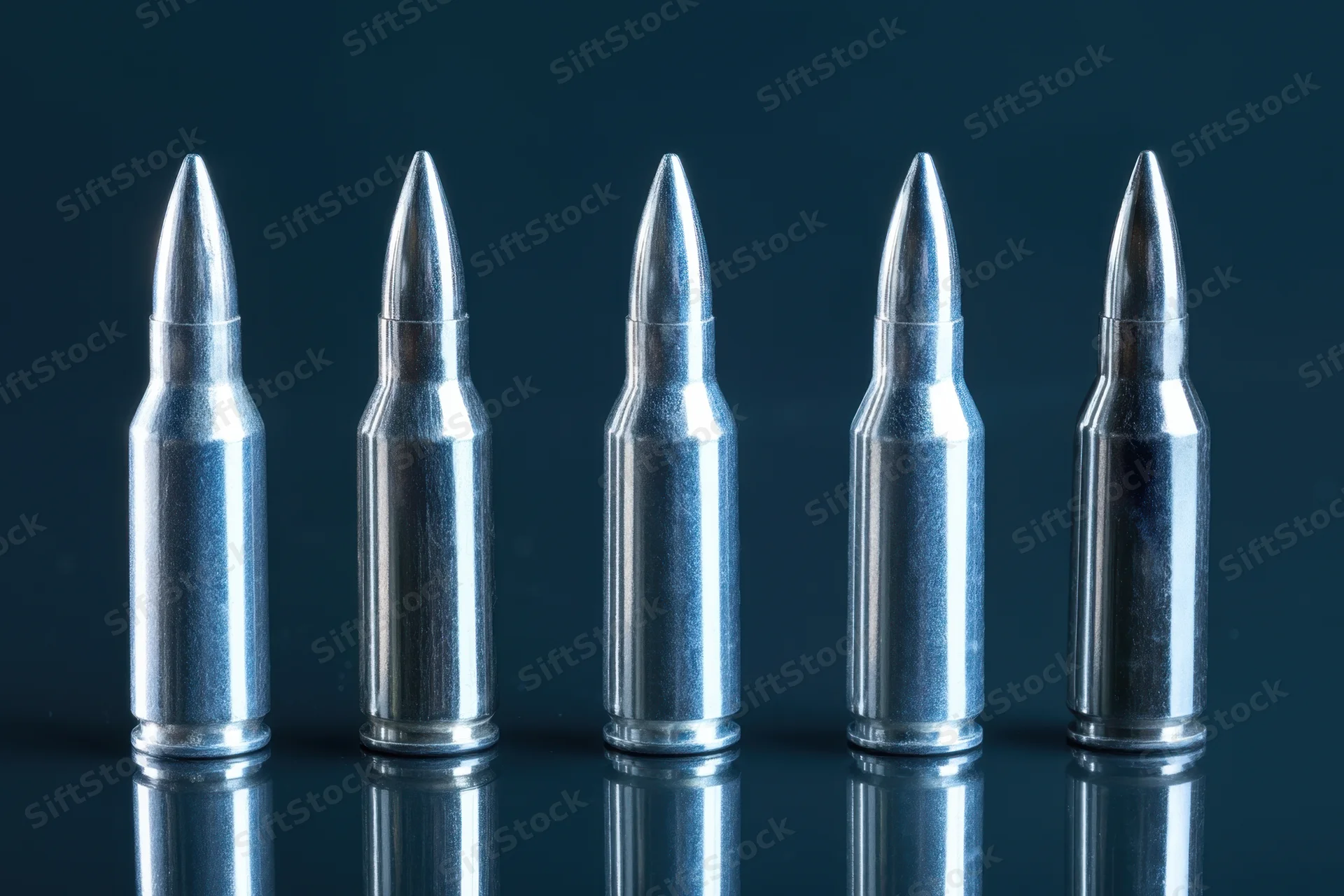 Five metallic bullets arranged in a row on a reflective dark surface
