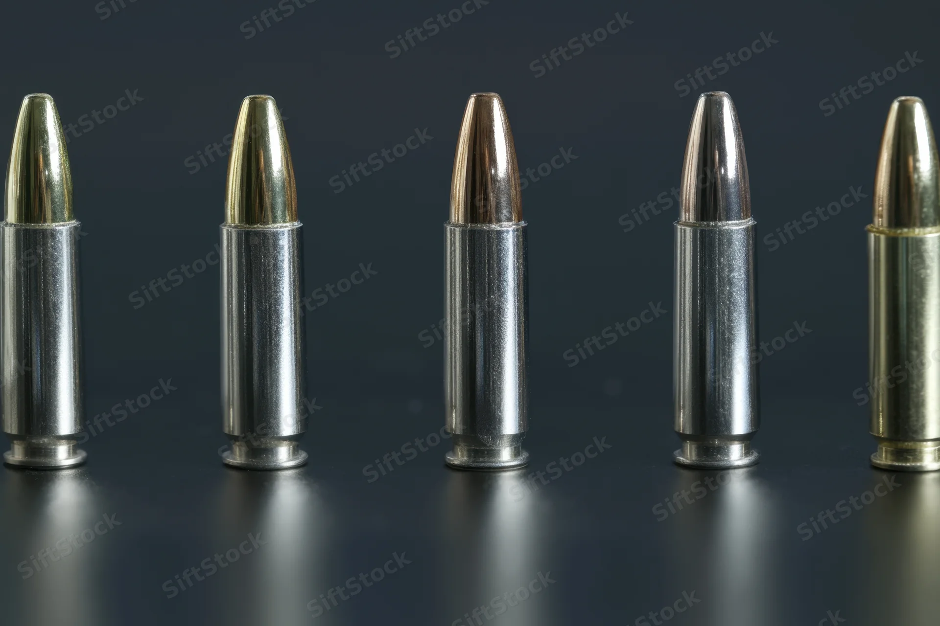 Five metallic bullets arranged in a row on a dark reflective surface