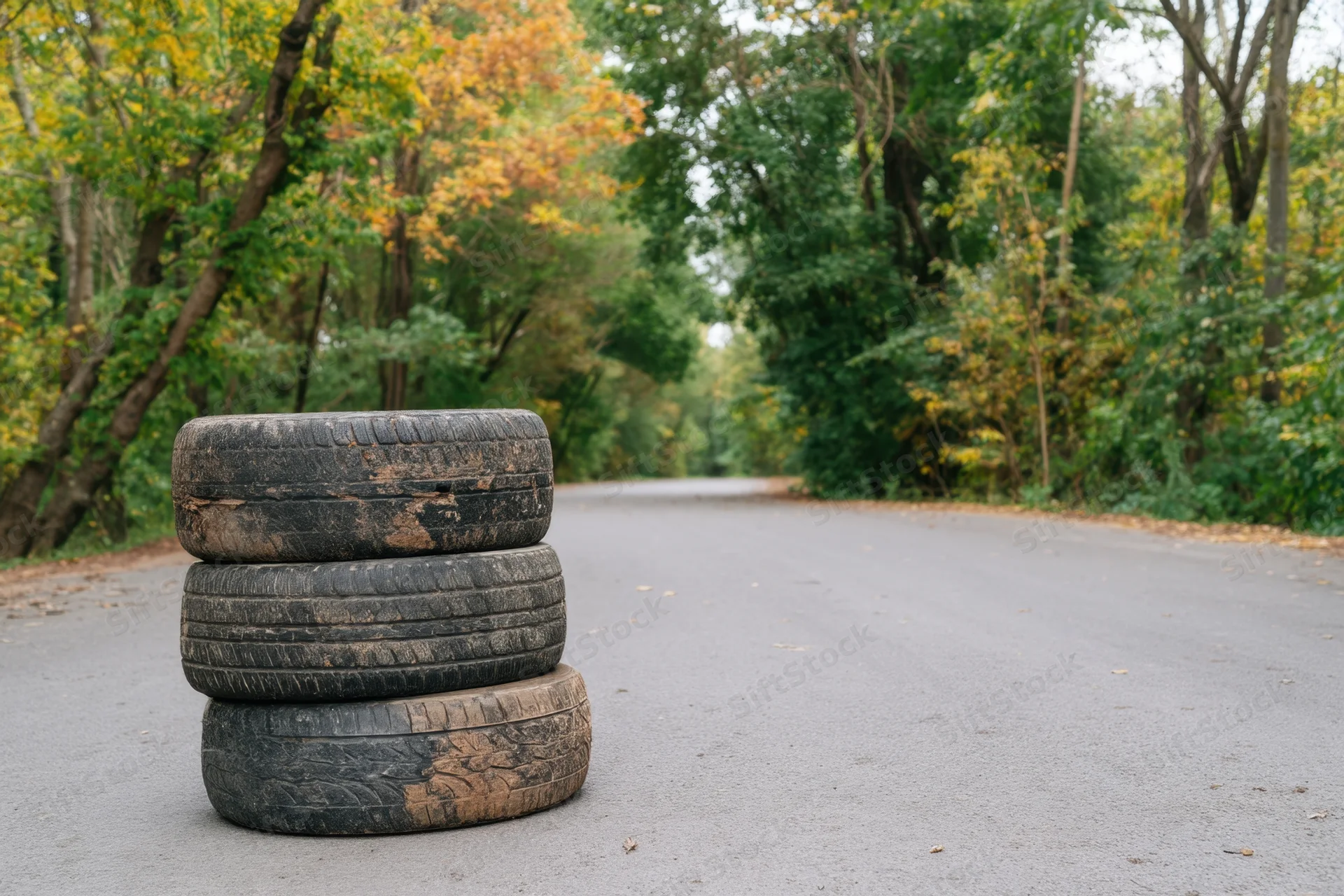 Three worn tires stacked on an asphalt road surrounded by autumn trees and foliage