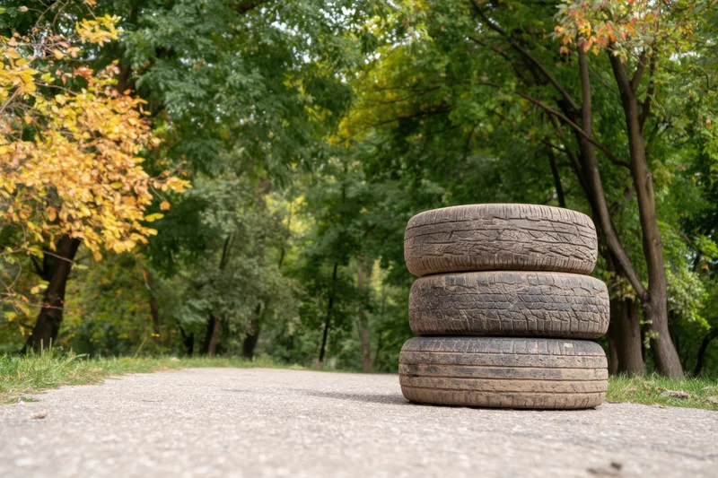 Four worn tires stacked on a smooth asphalt road surrounded by autumn trees and green foliage