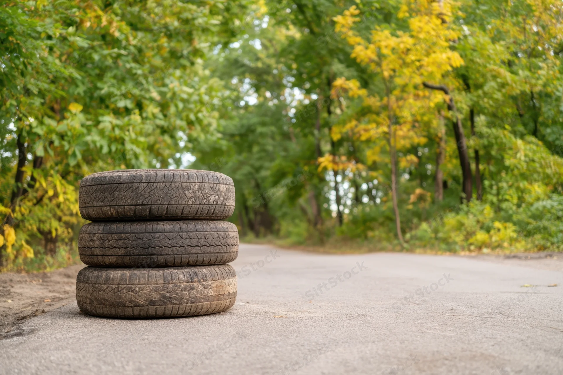 Three stacked used tires on a smooth asphalt road surrounded by autumn trees and foliage