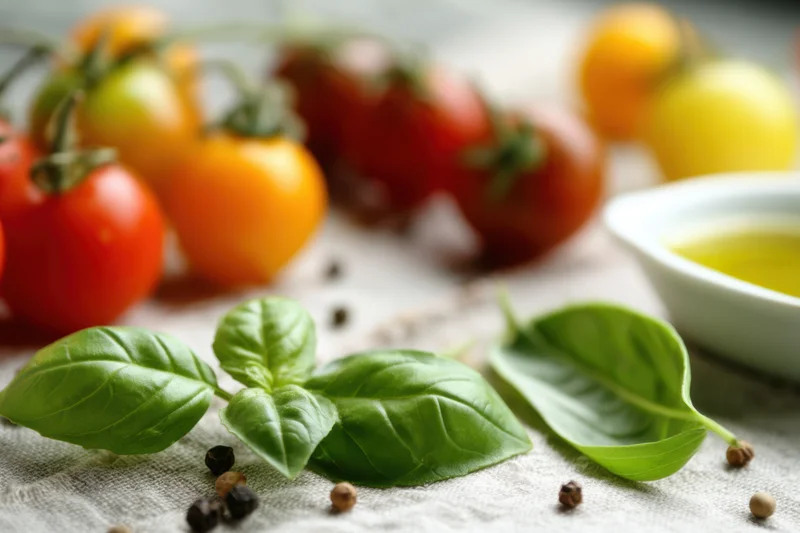 Fresh basil leaves in the foreground with colorful cherry tomatoes and olive oil on a textured cloth surface