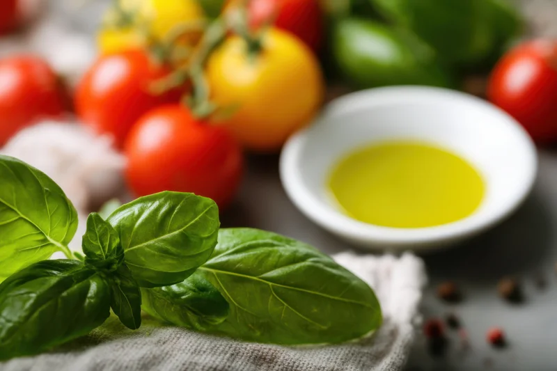 Fresh basil leaves in the foreground with colorful cherry tomatoes, garlic, and olive oil on a kitchen table
