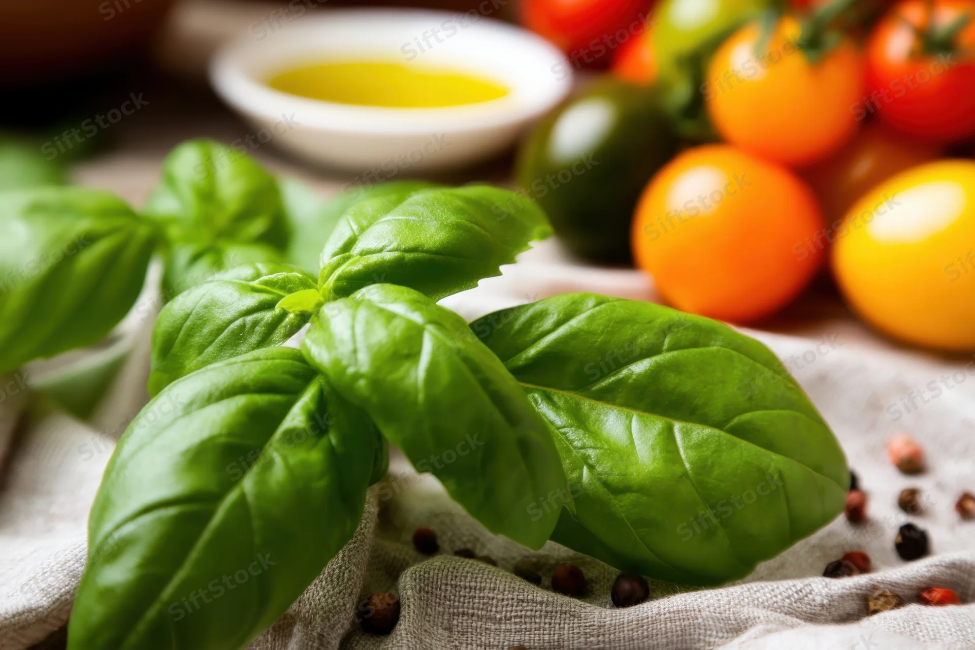 Fresh basil leaves in the foreground with colorful cherry tomatoes and olive oil on a linen cloth