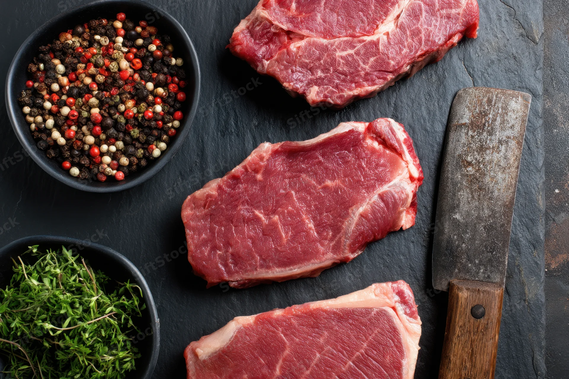 Raw beef steaks arranged on dark slate with herbs and peppercorns, knife beside them