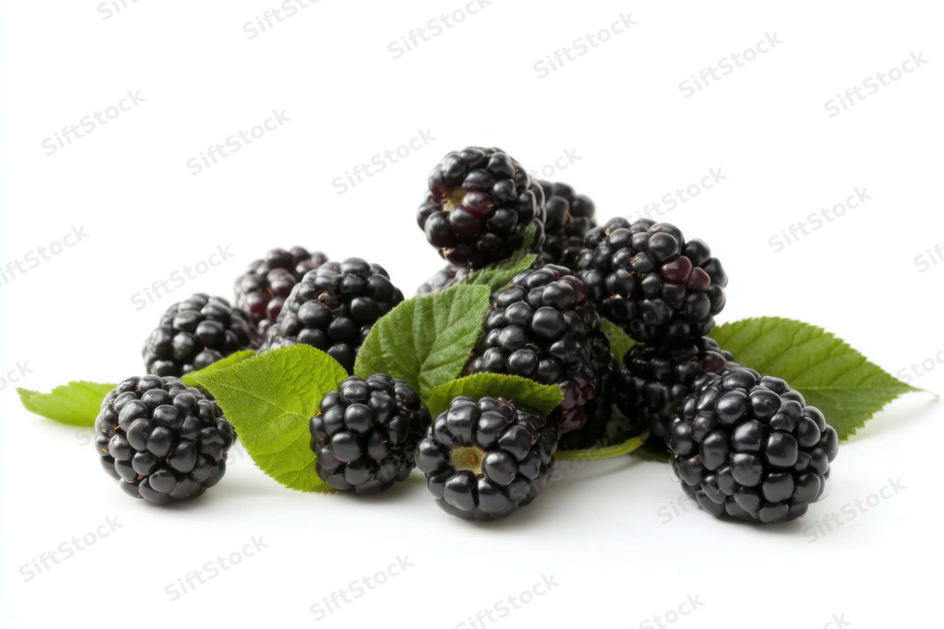 Fresh blackberries scattered with green leaves on white background