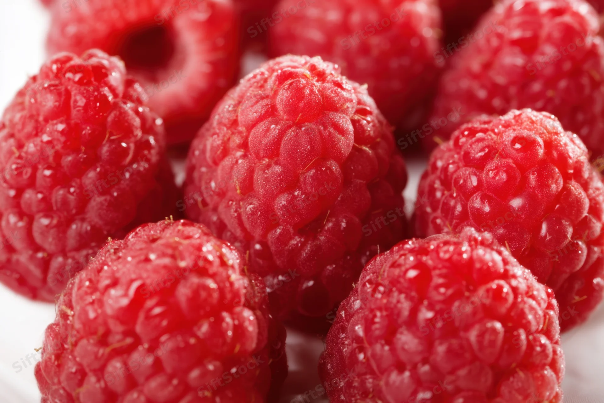 Fresh plump raspberries arranged in a cluster on a white surface