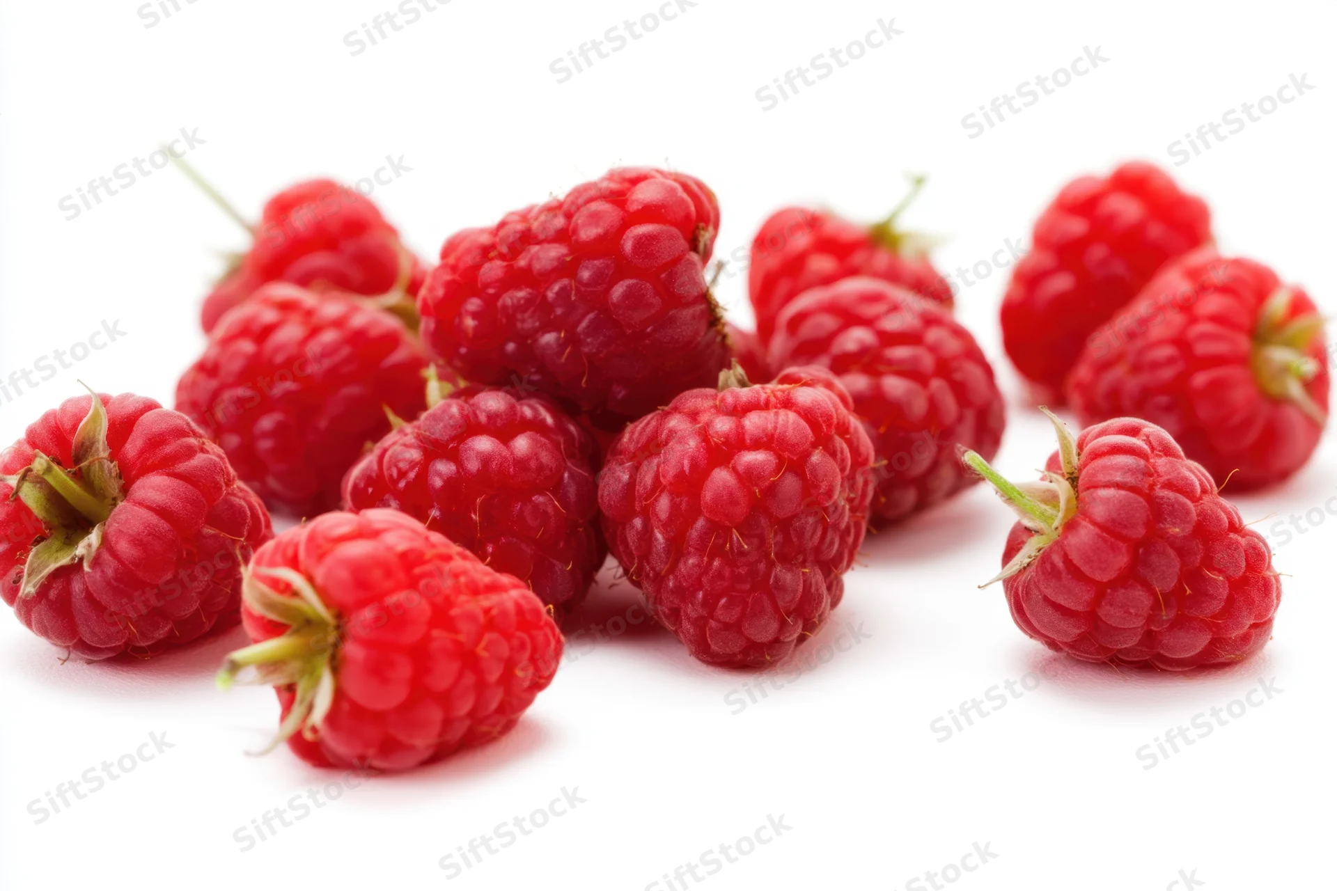 Fresh ripe raspberries scattered on a white background with copyspace