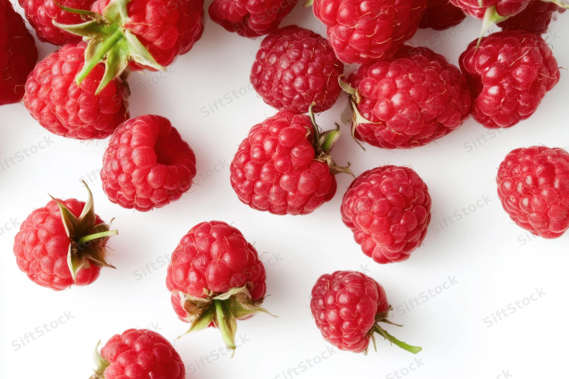 Fresh ripe raspberries scattered on a white background with copyspace