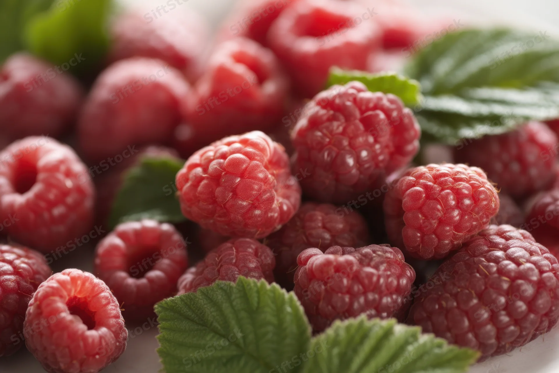 Fresh ripe raspberries with green leaves arranged in a close-up cluster