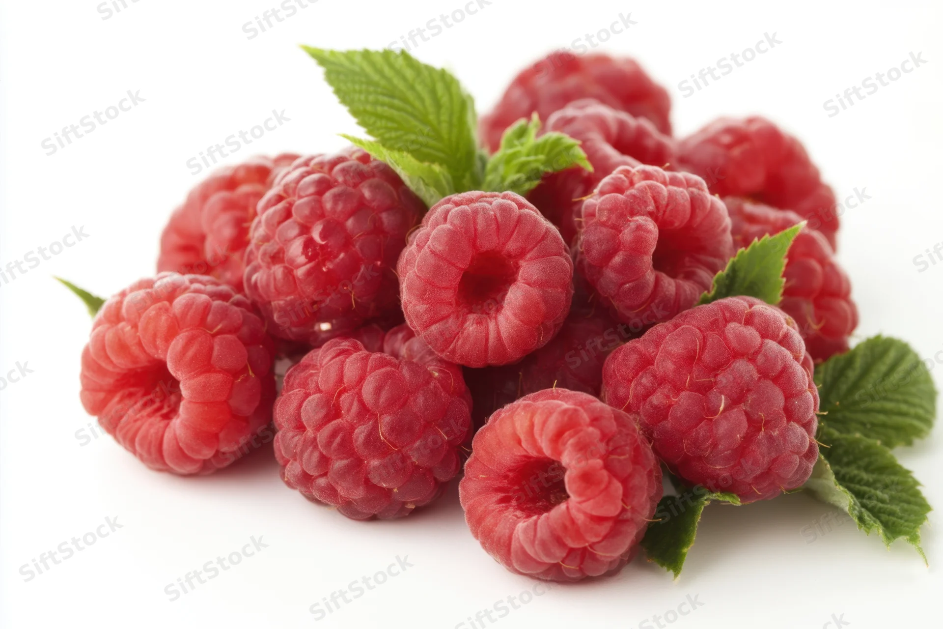 Fresh ripe raspberries clustered together with green leaves on white background