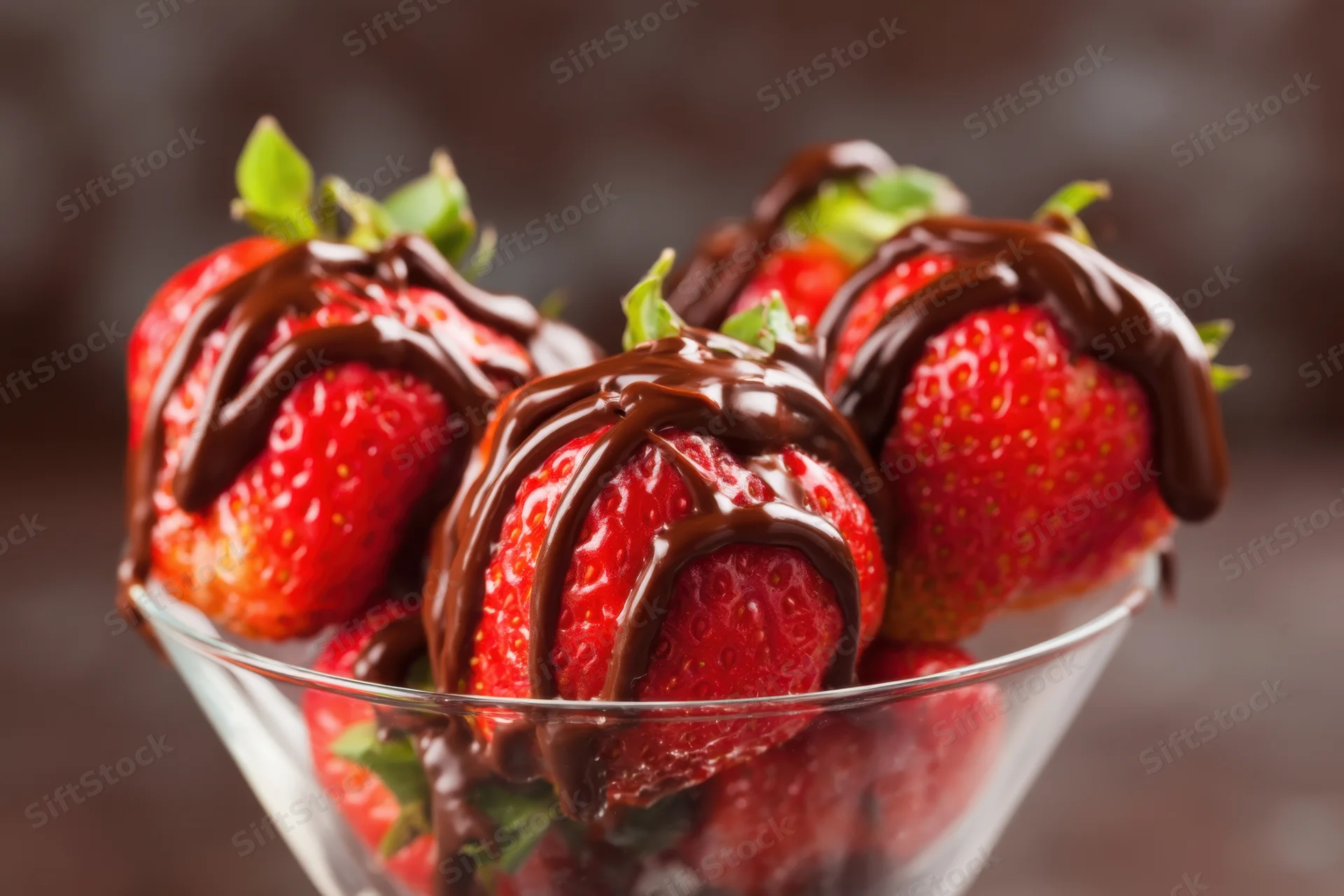 Fresh strawberries drizzled with chocolate in a glass bowl