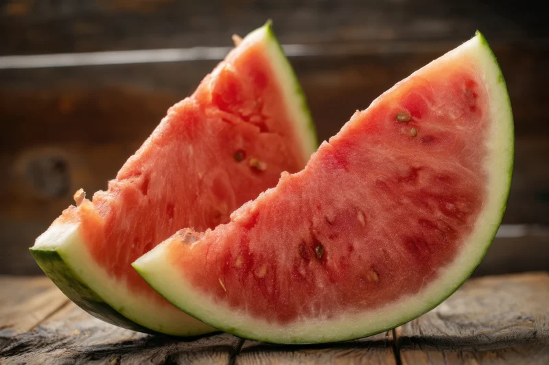 Freshly cut watermelon slices arranged on a rustic wooden surface