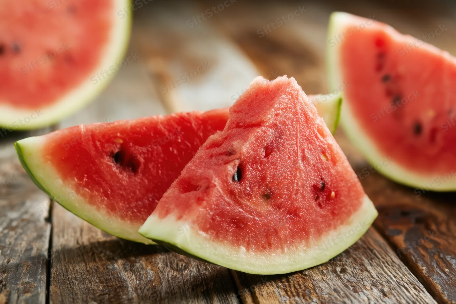 Freshly cut watermelon slices arranged on a rustic wooden table