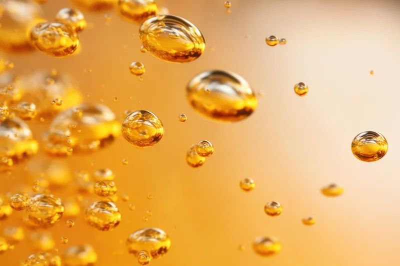 Golden bubbles floating in a transparent liquid against a soft blurred background