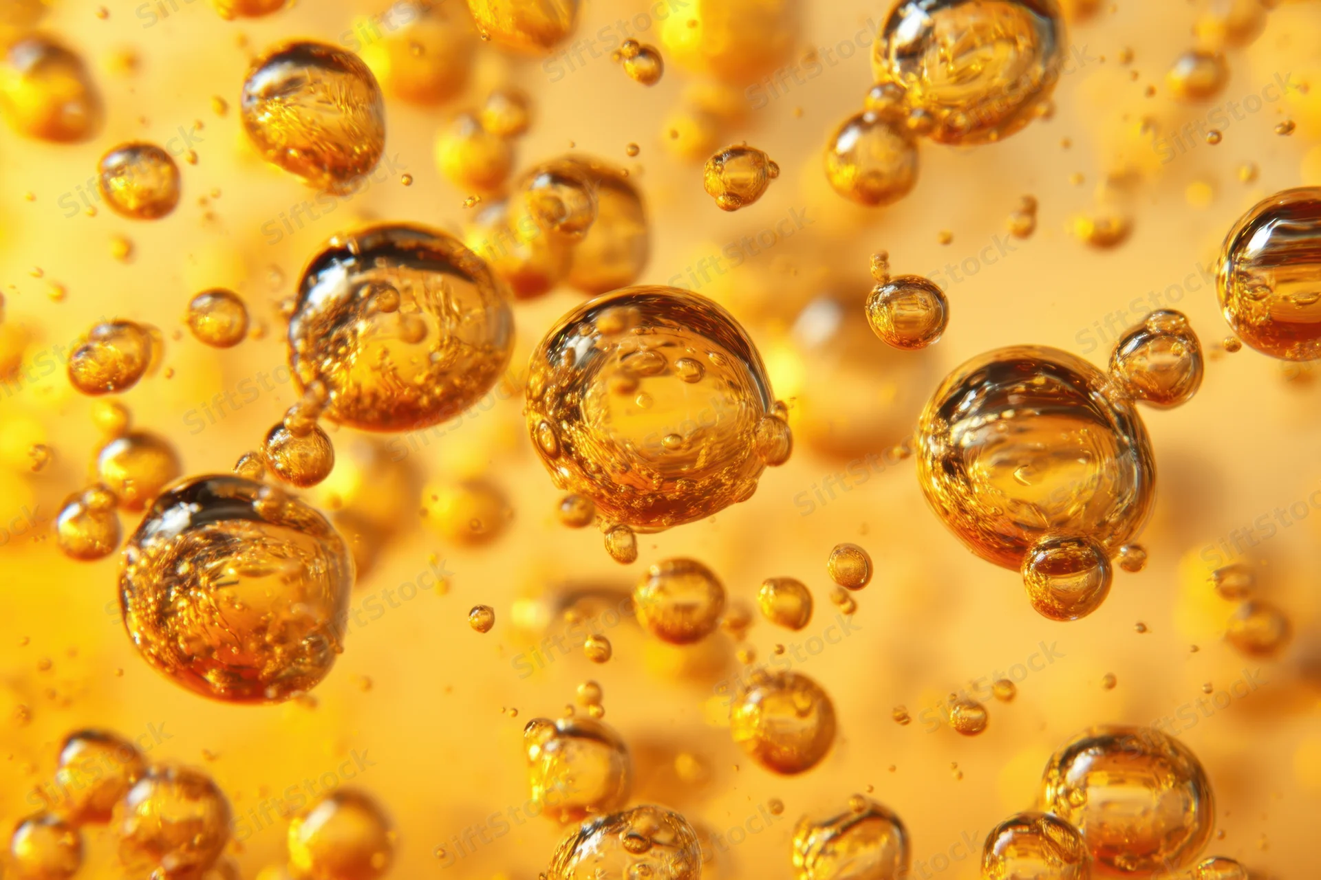 Golden bubbles floating in liquid against a soft blurred background