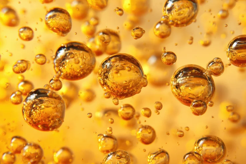 Golden bubbles floating in liquid against a soft blurred background