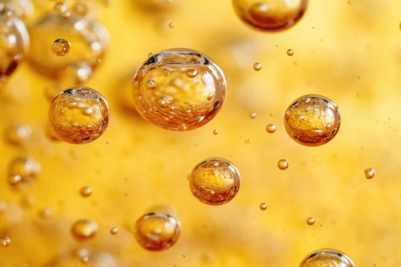 Golden bubbles floating in a carbonated liquid against a soft blurred background