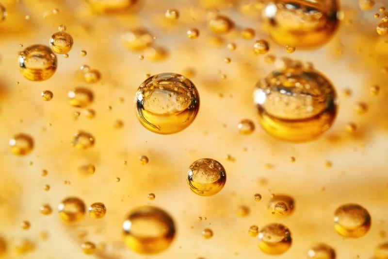 Golden bubbles floating in a liquid with soft blurred background