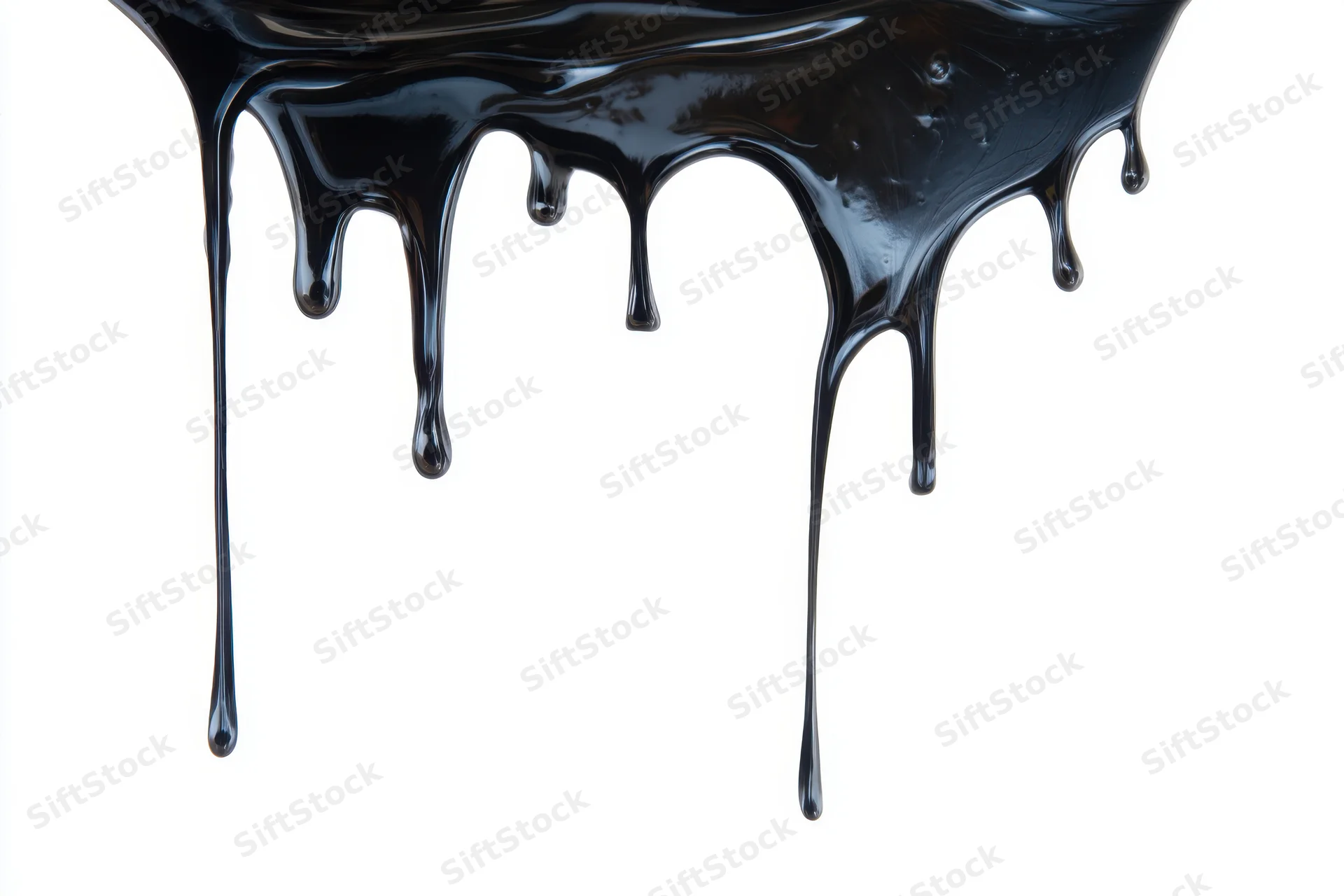 Glossy black paint dripping down against a stark white background