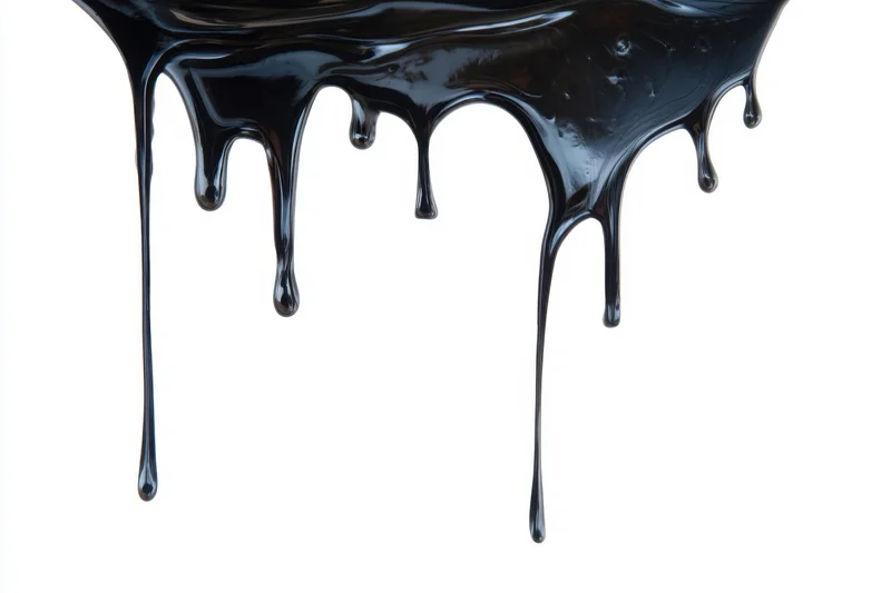 Glossy black paint dripping down against a stark white background