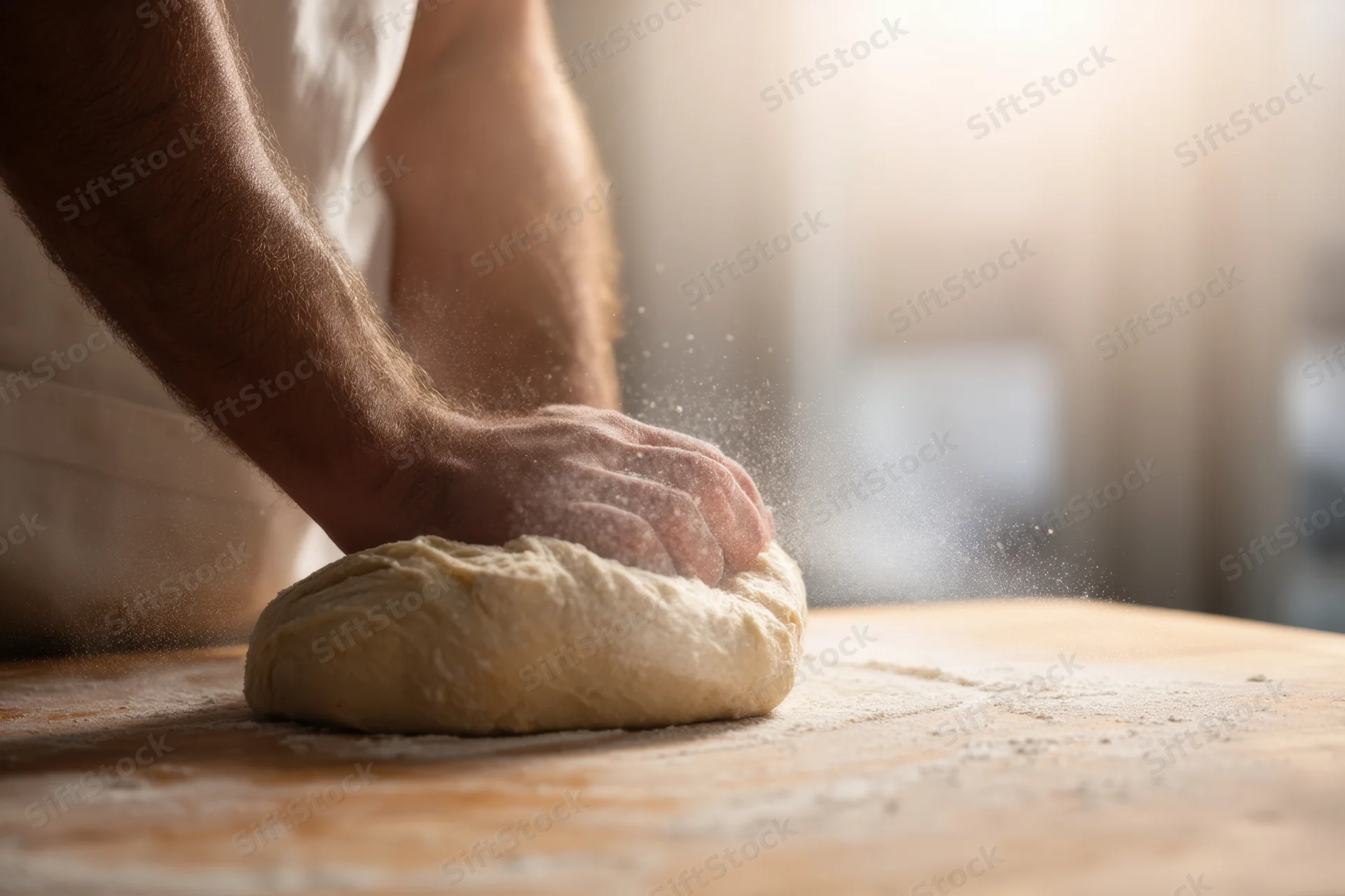 Hands kneading dough on a wooden surface with flour dust scattering