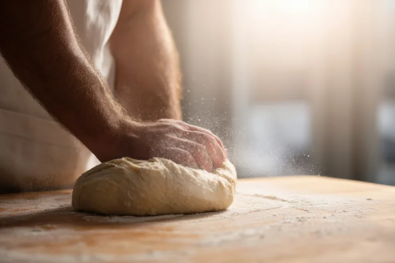 Hands kneading dough on a wooden surface with flour dust scattering