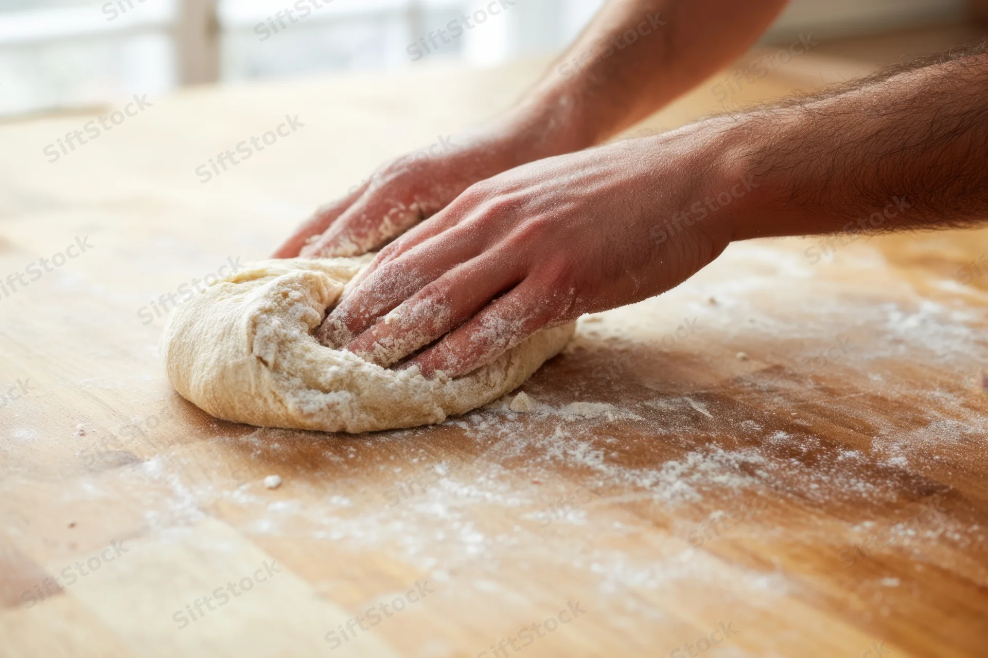 Hands kneading dough on a wooden surface with flour dust scattered around