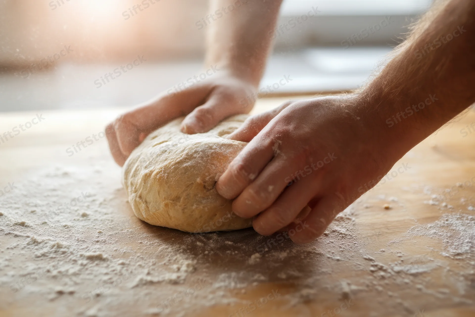 Hands kneading dough on a floured wooden surface