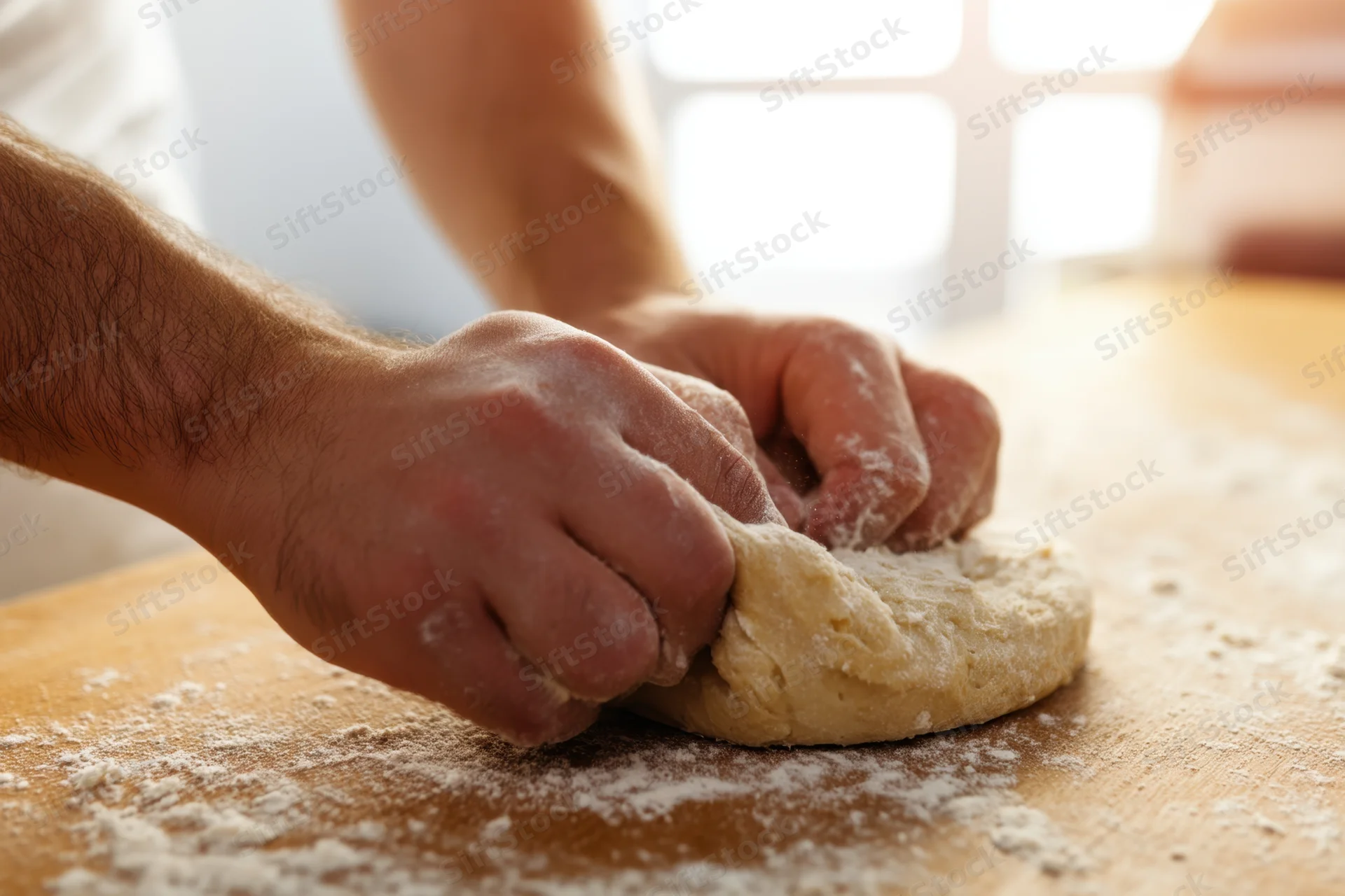 Hands kneading dough on a floured wooden surface