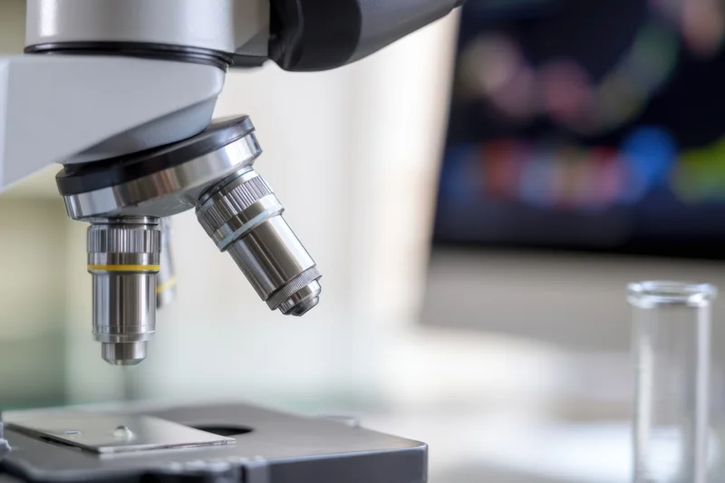 Close-up of a microscope with objective lenses focused on a slide in a laboratory setting