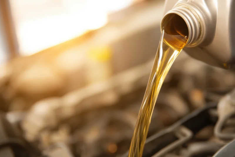 Motor oil being poured from a metallic container into an engine compartment