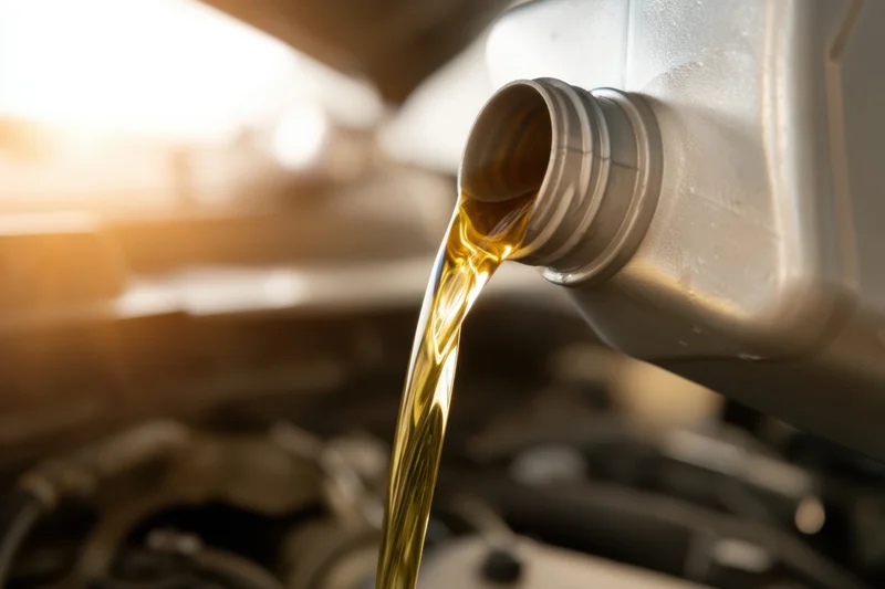 Golden motor oil pouring from a metallic container into a car engine during maintenance