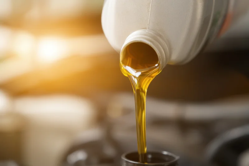 Motor oil pouring from a metallic container into a funnel in a workshop setting