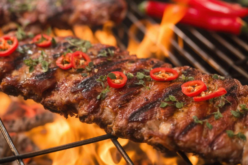 Grilled ribs sizzling on a barbecue with flames and garnished with chili and herbs